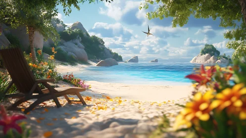 Tropical Beach Paradise with Geological Formations and Aerial Wildlife