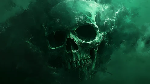 Spectral cranial apparition emerging within viridian stormfield.