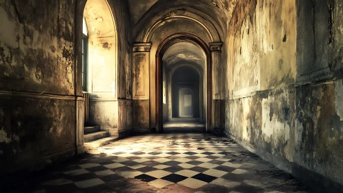 Forgotten marble hallway quietly rehearses its fading glory