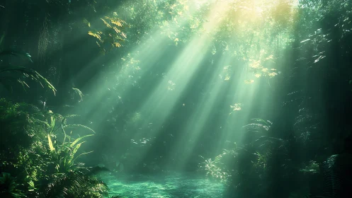 Sunlit jungle pool glowing with gentle emerald light.