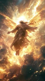 Ascendant ember angel soaring through a storm of light.