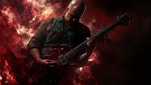 Solitary electric guitarist in red abstract digital scene.