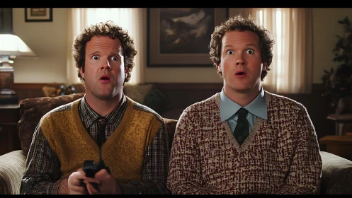 Symmetrical twin men on sofa react with synchronized surprise