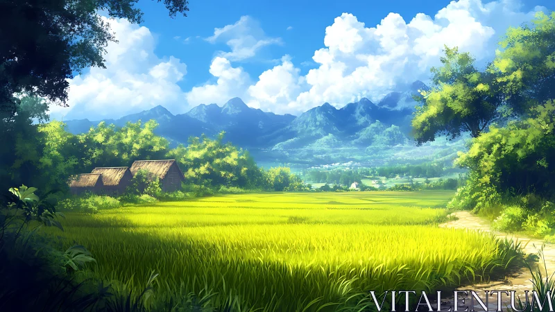 Bright rural rice fields with mountains under clear sky.