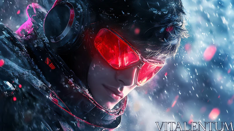 Neon-eyed snow runner in blizzard-bright cyber armor.