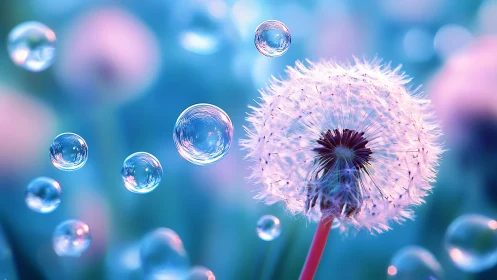 Dandelion seed head with soap bubbles against blue background