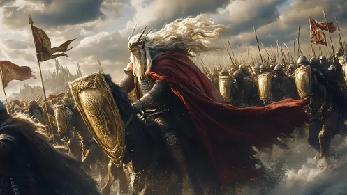 Stormlight monarch rides the golden tide of armored lances