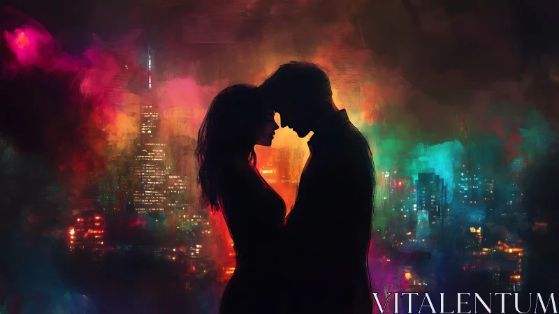 Urban Romance: Silhouetted Couple Amid Neon Cityscape.