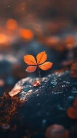 Solitary orange leaf rises from dark stone in shallow focus