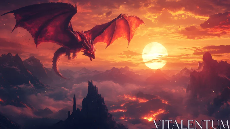 Crimson dragon drifting over a molten sunset valley.