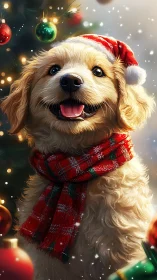 Golden retriever puppy in Christmas scarf and Santa hat.