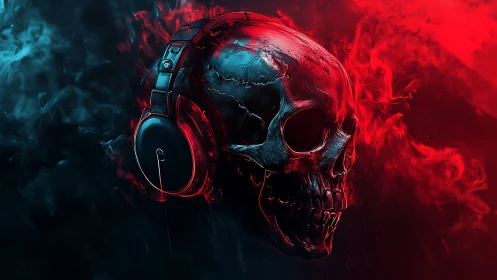 Metallic skull with headphones appears amid red and blue smoke