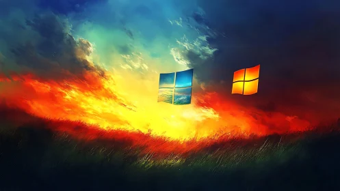 Windows logos hover above blazing digital sunset field.