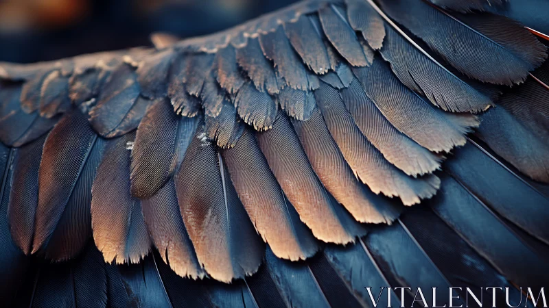 Close-up of bird wing feathers in natural light, artistic detail.