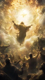 Golden skyward gathering beneath a radiant celestial opening.