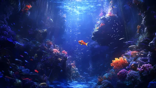 Radiant coral canyon with volumetric caustics and midwater fish