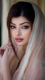 Soft gaze framed by embroidered veil in close portrait.