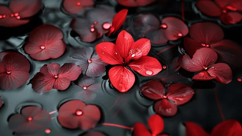 Red Flowers Floating on Dark Water Surface.