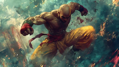 Bald martial artist in midair strike amid abstract debris.