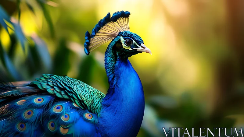 Vibrant peacock in soft-focus nature, vivid digital art style.