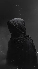 Monochrome hooded figure in minimalist chiaroscuro portraiture.