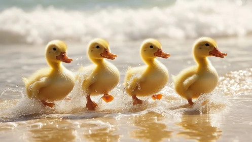 Photorealistic shoreline study of four ducklings in motion.