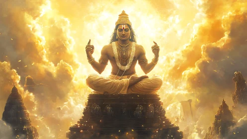 Divine figure sits cross-legged above temples in glowing clouds