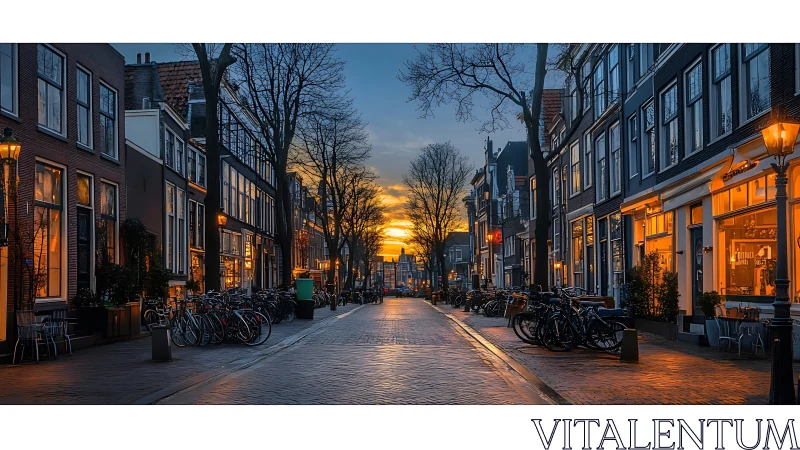 Sunlit Dutch canal street glows under warm evening lamps