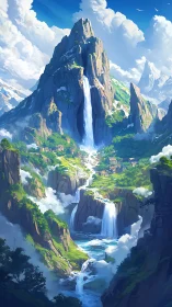 Tiered mountain waterfalls above valley settlement.