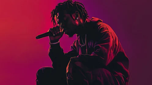 Silhouetted rapper kneeling under red and purple stage light.