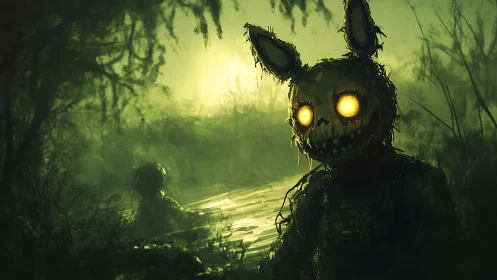 Glowing eyed rabbit figure wandering through eerie marshlands.