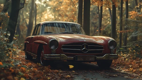 Vintage red Mercedes rests quietly in a golden autumn forest