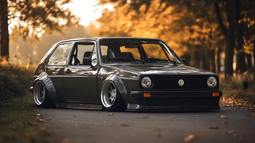 Stanced vintage hatchback with widebody aero in autumn light.