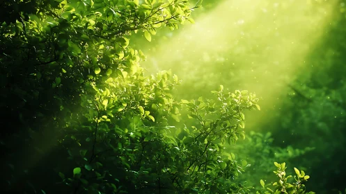 Sunlit forest leaves drinking in a drifting green glow.