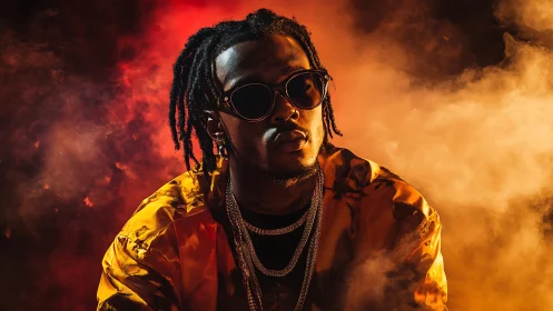 Cool confidence in glowing stage light and swirling smoke.