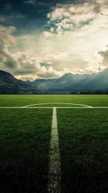 Soccer pitch centerline aligns with dramatic alpine horizon