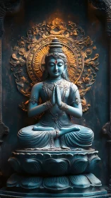Blue-toned seated deity sculpture with ornate golden mandala halo