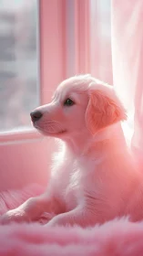 Soft-focus portrait of puppy in diffuse pink window light.
