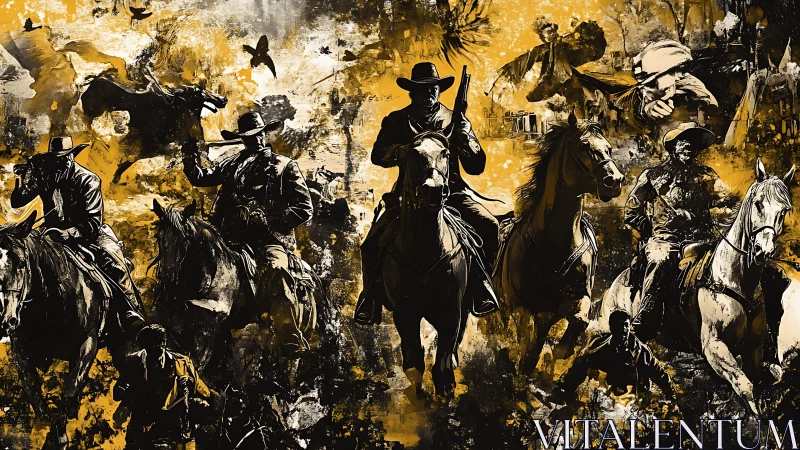 Cowboys on horseback charge through chaotic western battle