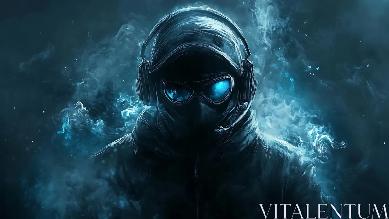 Hooded cyber-operator in blue volumetric smoke with reflective visor
