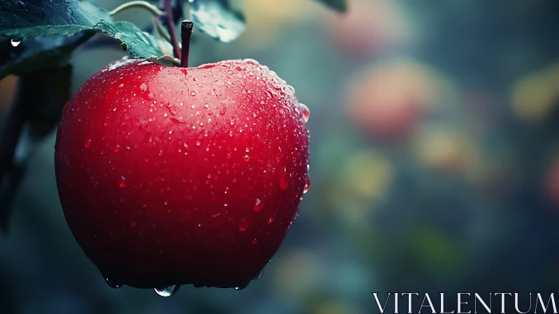 Rain-soaked red apple in shallow depth-of-field orchard study