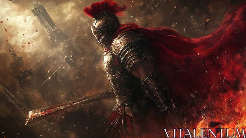 Roman warrior in blazing ruins with flowing crimson cape.