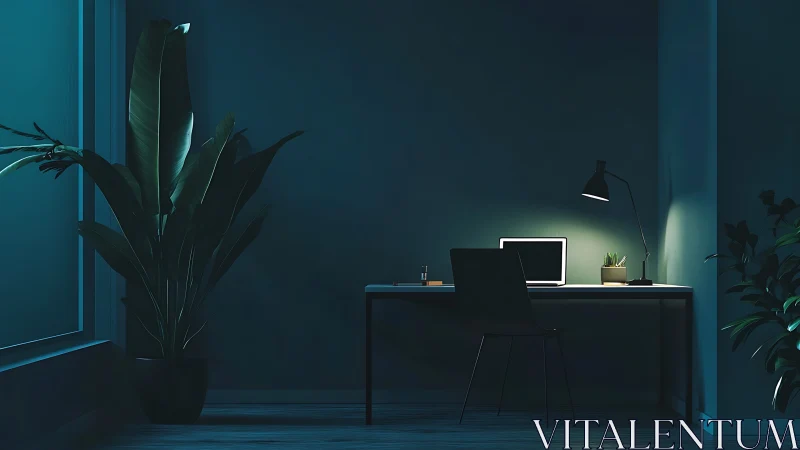 Midnight studio glow with laptop hush and towering leaves.