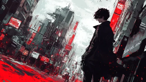 Lone drifter surveys neon city in red storm haze.