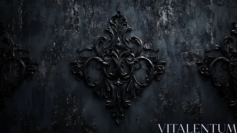Baroque black relief ornament on distressed matte wall surface.