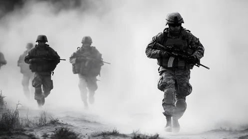 Tactical infantry squad advancing through dense battlefield smoke