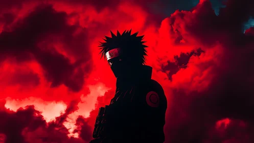 Silhouetted ninja stands before dense red storm clouds