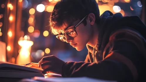 Focused student studies by warm fairy lights at night