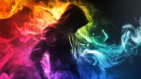Hooded figure ignites in swirling neon rainbow smoke energy