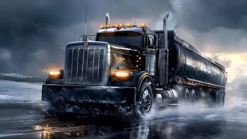 Powerful black tanker truck roars through a stormy winter road
